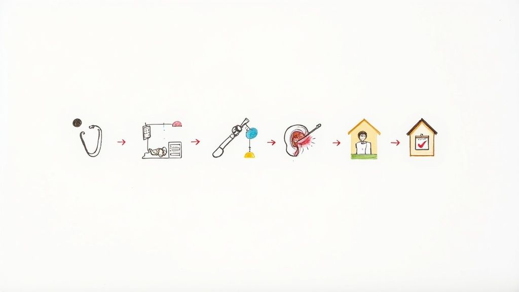 Schemat przedstawiający etapy leczenia lub korekcji uszu, od wizyty lekarskiej po rekonwalescencję.