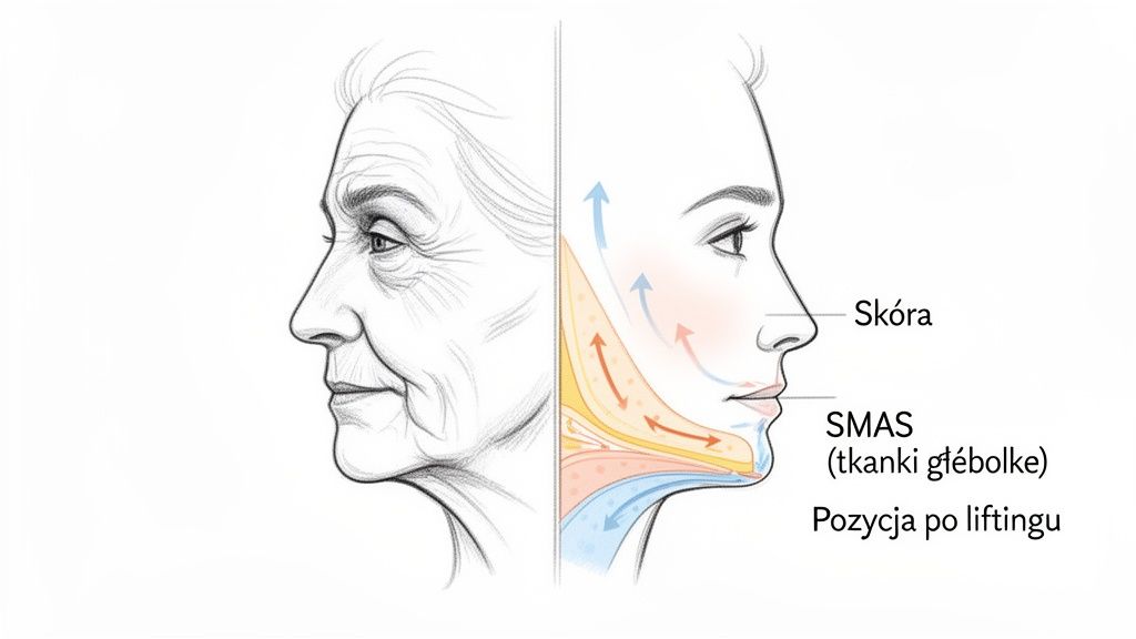 Porównanie starzejącej się twarzy z profilu i schemat liftingu twarzy SMAS, pokazujący uniesienie skóry i tkanek głębokich.