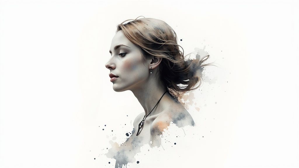 Artystyczny portret kobiety z profilu z rozwianymi włosami w technice akwareli