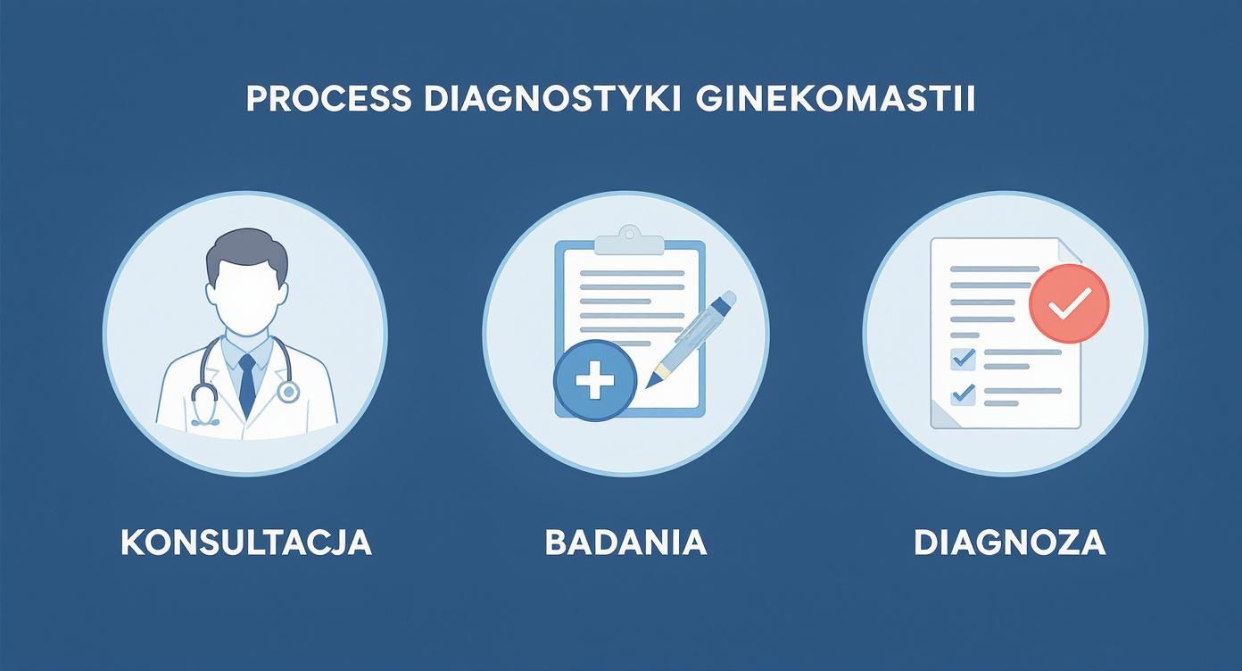 Grafika przedstawiająca proces diagnostyki ginekomastii: konsultację lekarską, badania medyczne oraz postawienie diagnozy.