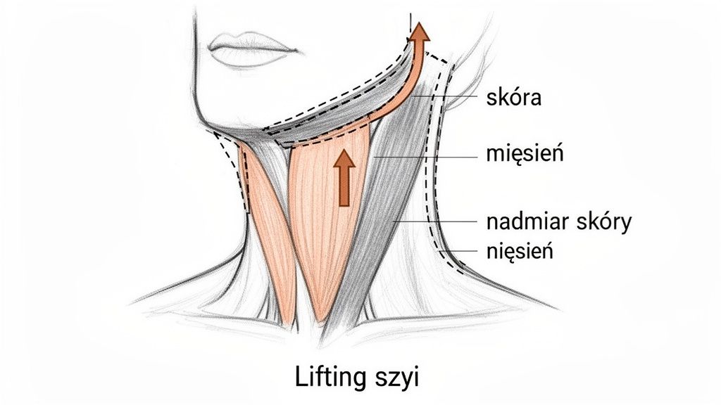 Ilustracja liftingu szyi pokazująca warstwy skóry i mięśni oraz kierunek podciągania tkanek.