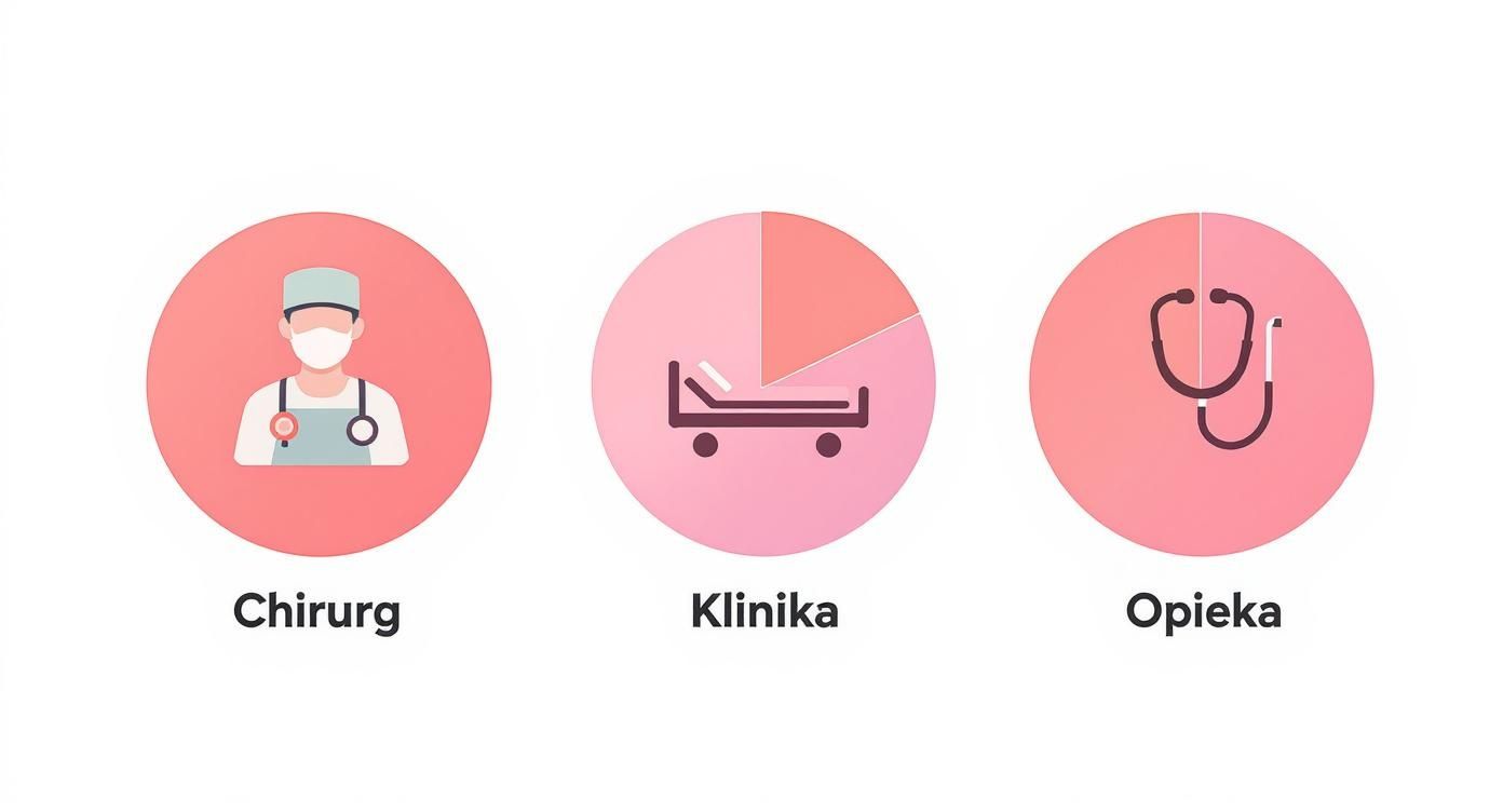 Trzy okrągłe ikony medyczne: chirurg, łóżko szpitalne (klinika) oraz stetoskop (opieka zdrowotna).
