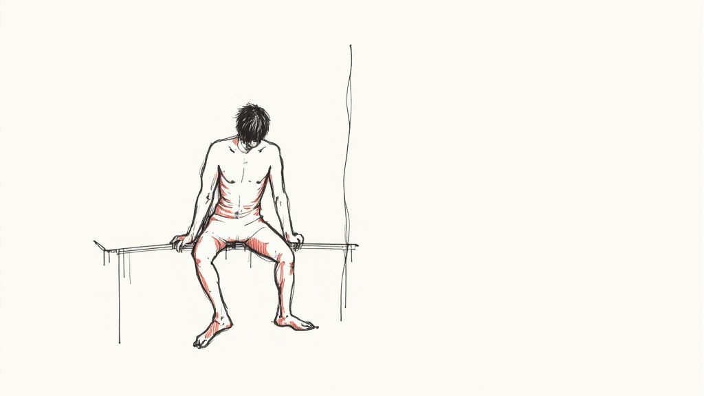 Rysunek przedstawiający bez koszulki mężczyznę z opuszczoną głową siedzącego na ławce, wykonany czarną kreską i czerwonymi akcentami.