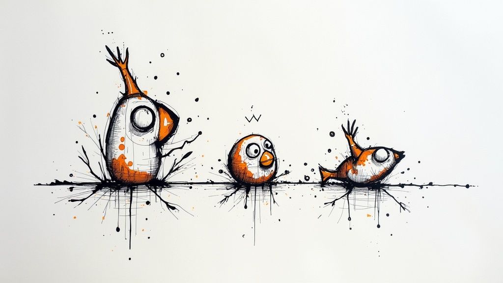 Trzy abstrakcyjne, pomarańczowo-białe postacie siedzą na czarnej linii, otoczone plamami tuszu. Stylizowane, rysunkowe ptaki.