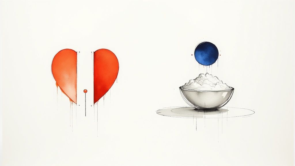 Artystyczna ilustracja przedstawiająca podzielone serce i miskę z kremem symbolizujące proces odmładzania skóry