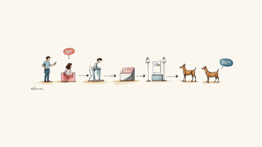 Grafika przedstawiająca sekwencję obrazów: ludzie, meble i ekrany przekształcające się w dwa psy z napisami „SHPT” i „HAVEL”.