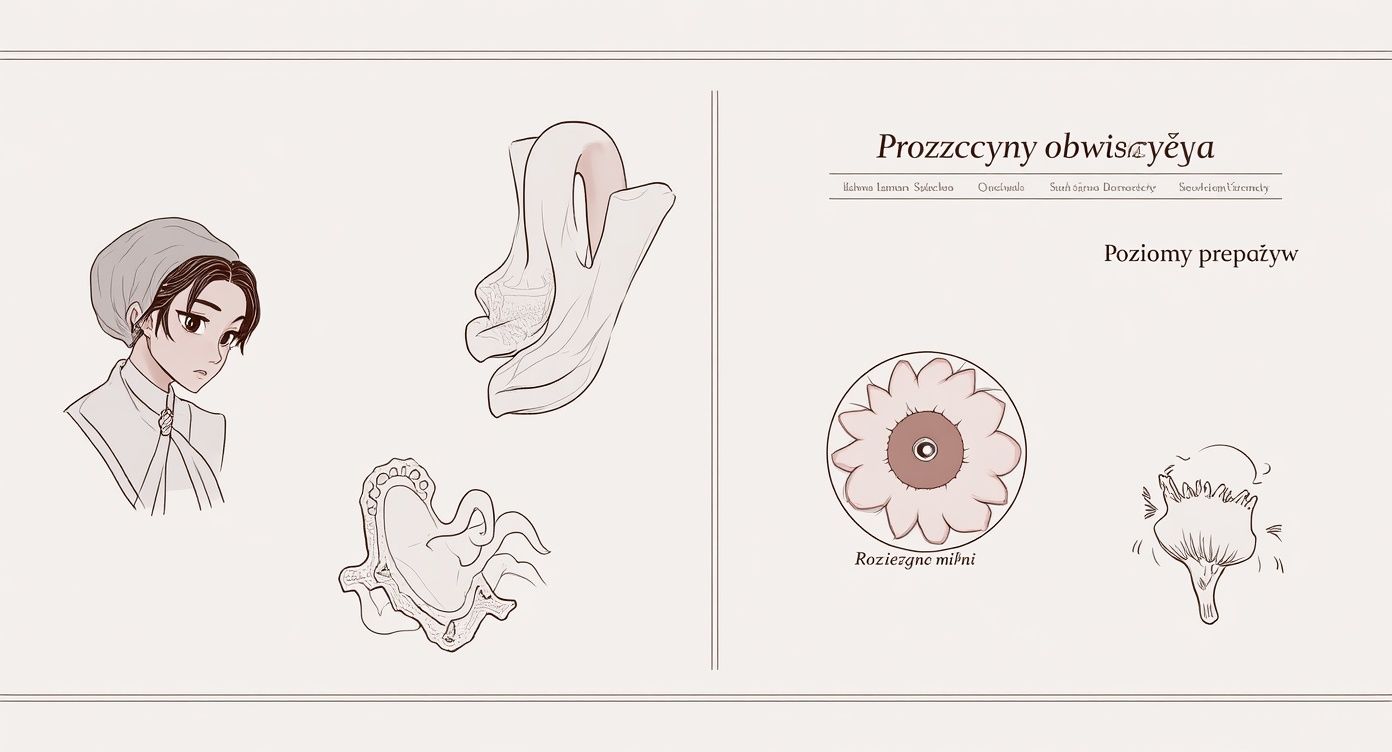 Ilustracja medyczna przedstawiająca schematyczne diagramy anatomii wewnętrznej, w tym mięśni brzucha i narządów miednicy, z tytułem «Rozbieżne mięśni».