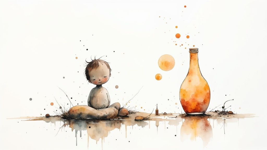 Akwarelowa ilustracja przedstawiająca małe dziecko siedzące obok pomarańczowej butelki w spokojnej scenerii