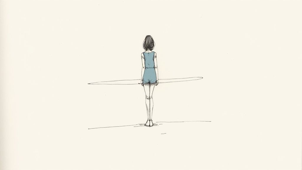 Rysunek przedstawiający kobietę w niebieskim stroju, stojącą tyłem na horyzontalnej linii, z kolejną linią na wysokości talii.