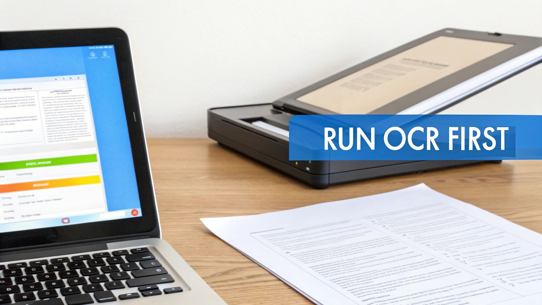 Um laptop e scanner de documentos em uma mesa de madeira com um documento em papel e um banner dizendo 'EXECUTE OCR PRIMEIRO'.