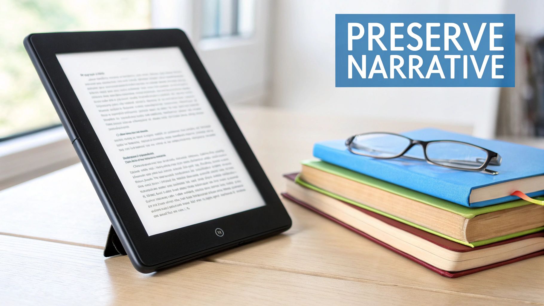 Un lector electrónico mostrando texto junto a una pila de libros con gafas de lectura en una mesa de madera, con el banner 'PRESERVE NARRATIVE'.