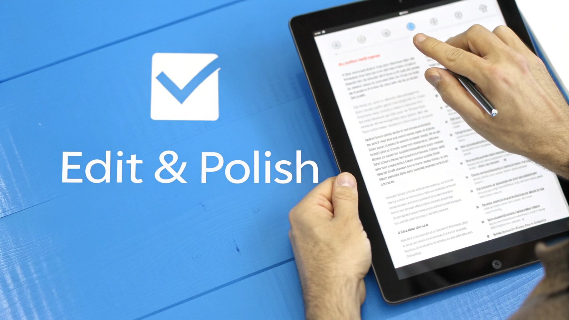 Ręka używa rysika na tablecie wyświetlającym tekst obok tekstu „Edit & Polish