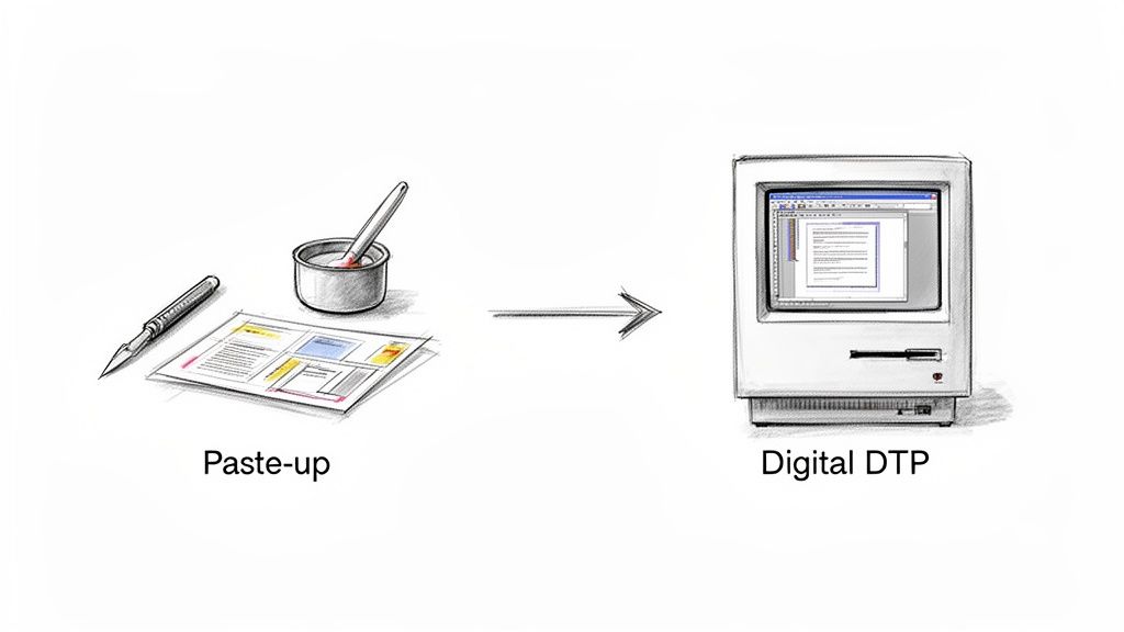 رسم توضيحي يصور التطور من التجميع اليدوي لتخطيط الصفحة إلى النشر المكتبي الرقمي على جهاز كمبيوتر قديم.