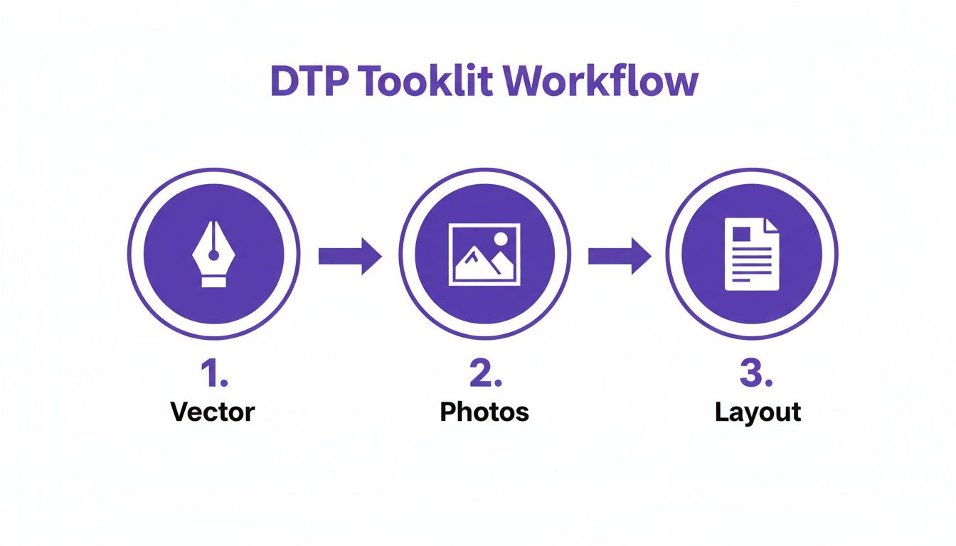 مخطط سير عمل مجموعة أدوات DTP يوضح ثلاث خطوات: إنشاء المتجهات، الصور، والتخطيط.