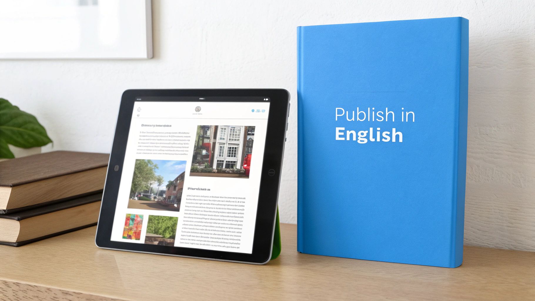 A tablet showing an article next to a blue book titled 'Publish in English' on a wooden desk.