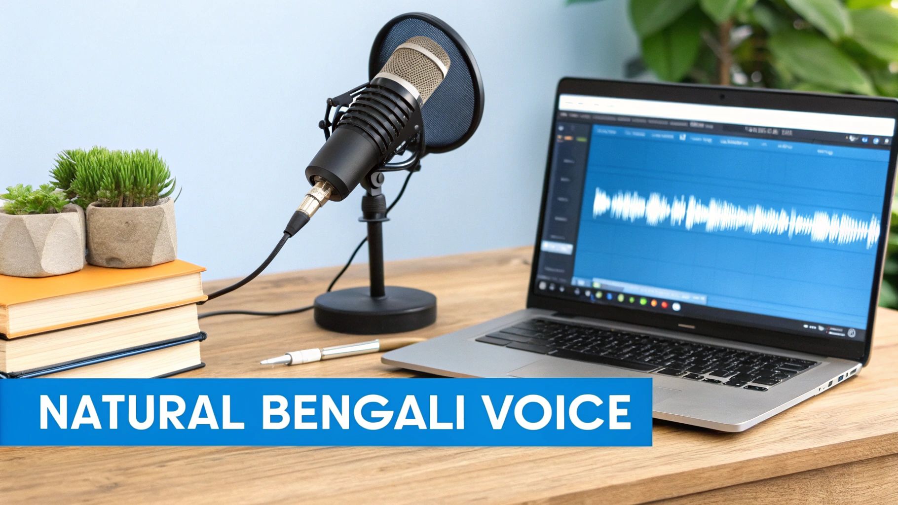 A microphone, laptop with sound waves, books, and plants on a desk, with 'NATURAL BENGALI VOICE' text.