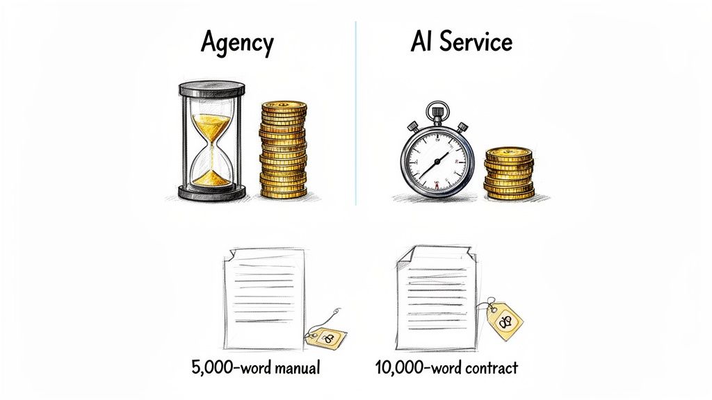 مقارنة بين وكالة الترجمة التقليدية وخدمة الذكاء الاصطناعي لمهام المستندات، مع إظهار الاختلافات في السرعة والتكلفة وعدد الكلمات.