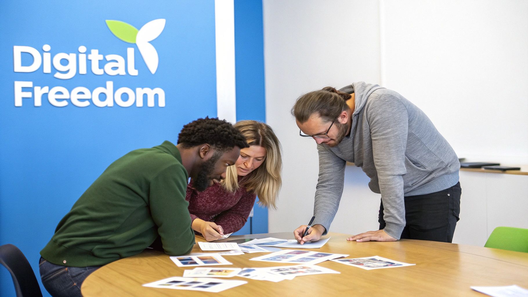 세 명의 다양한 동료가 회의 테이블에서 문서와 이미지를 검토하며 프로젝트에 협력합니다.