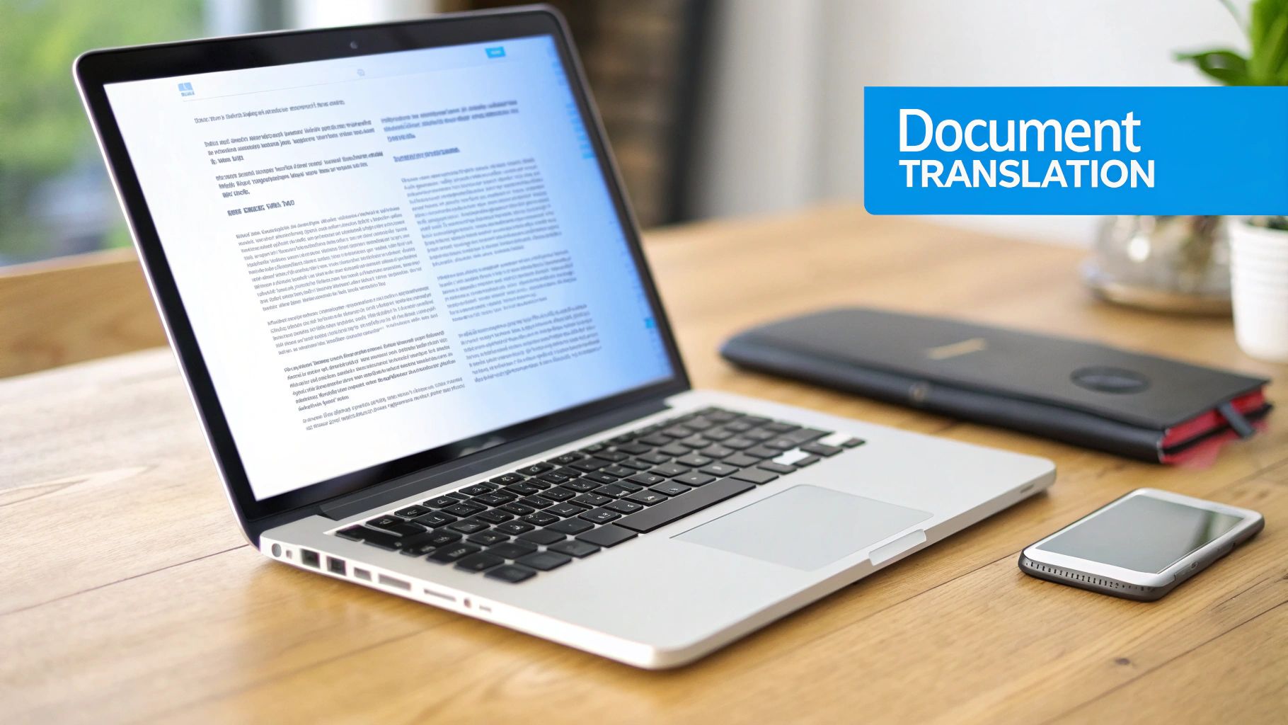A laptop displaying document translation software, with a notebook and smartphone on a wooden table.
