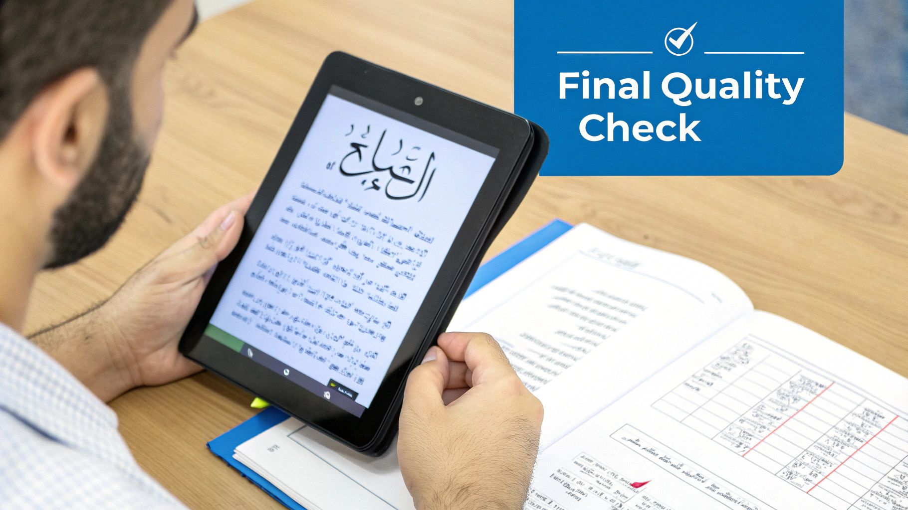 Man performs a final quality check, comparing Arabic text on a tablet with an open book.