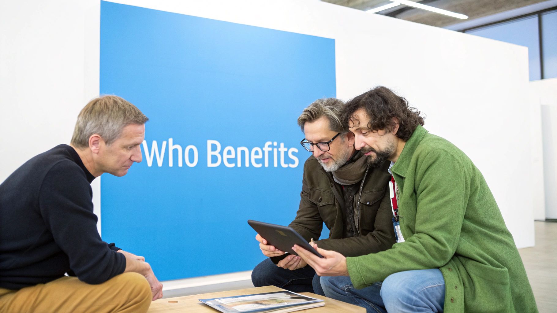 Three men collaborate, viewing a tablet in a modern room with a blue 'Who Benefits' sign.
