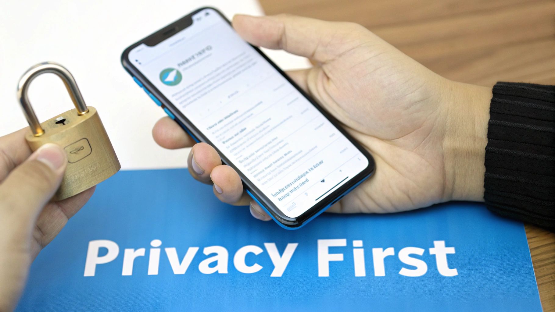 A hand holds a smartphone displaying a privacy app, next to a padlock, with 'Privacy First' text on a blue surface.
