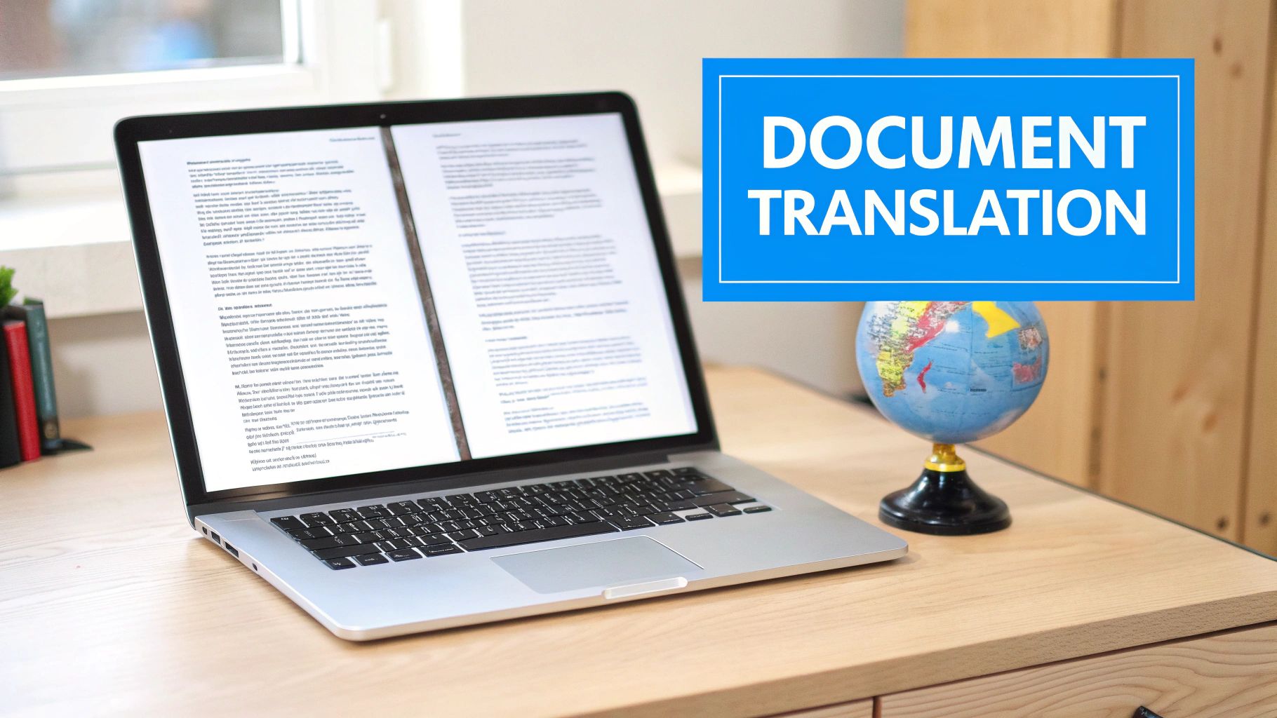 A laptop displaying a document with text, next to a globe and a blue banner that says 'DOCUMENT TRANSLATION'.