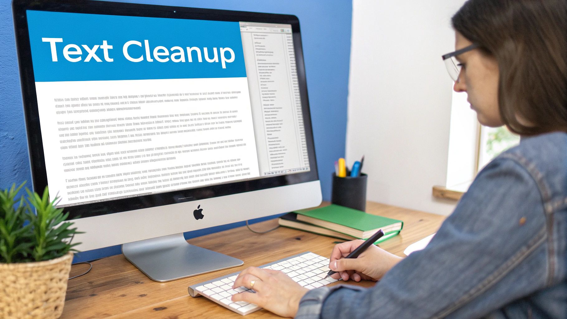 امرأة تركز على تحرير مستند 'تنظيف النص' على شاشة حاسوب مكتبي كبيرة على مكتب خشبي.
