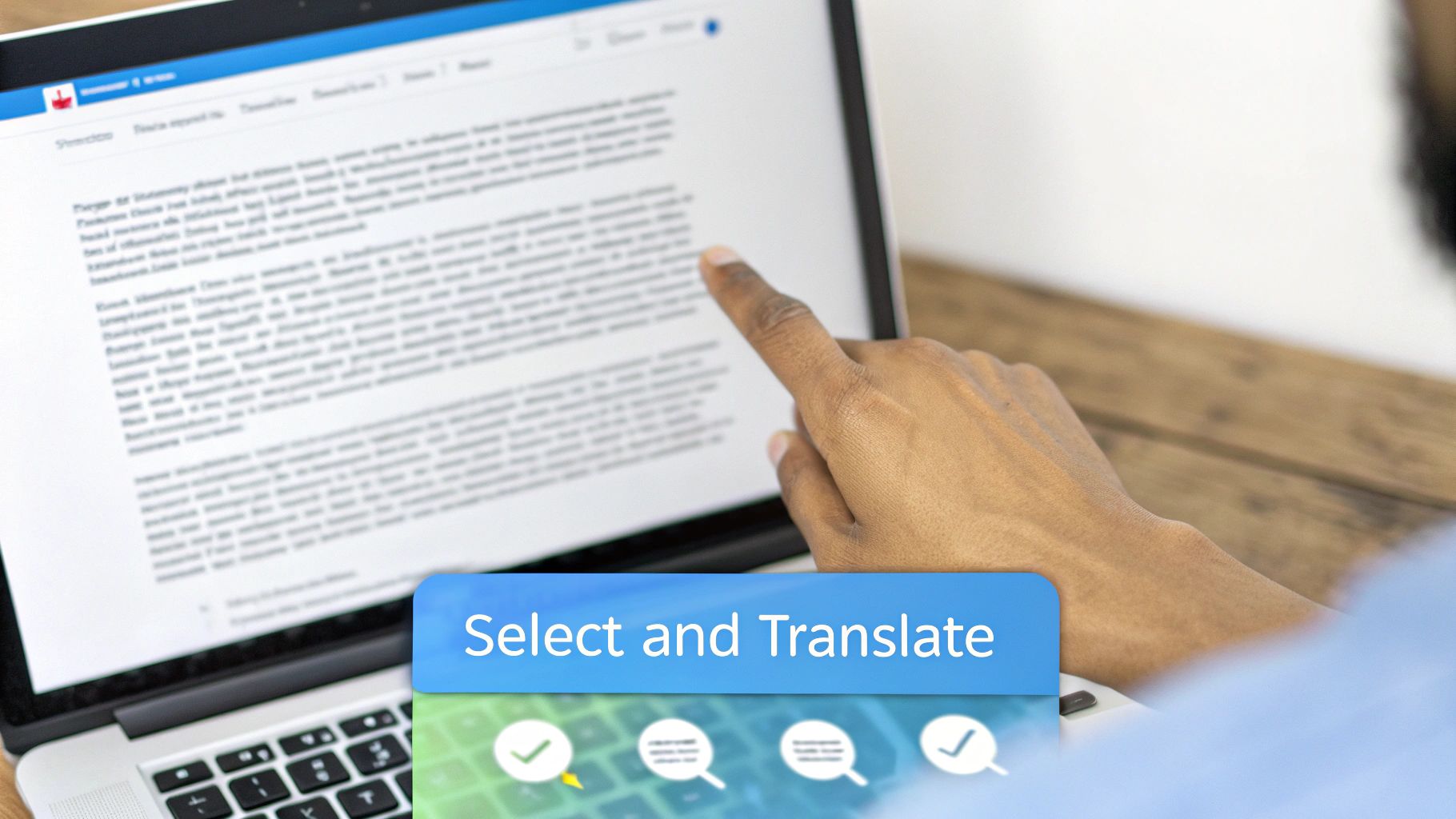 Close-up of a hand pointing at a laptop screen with text and a 'Select and Translate' feature.