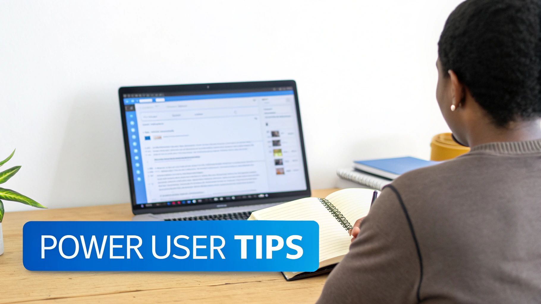 A person sits at a wooden desk, writing in a notebook while viewing a laptop screen with 'POWER USER TIPS' text.