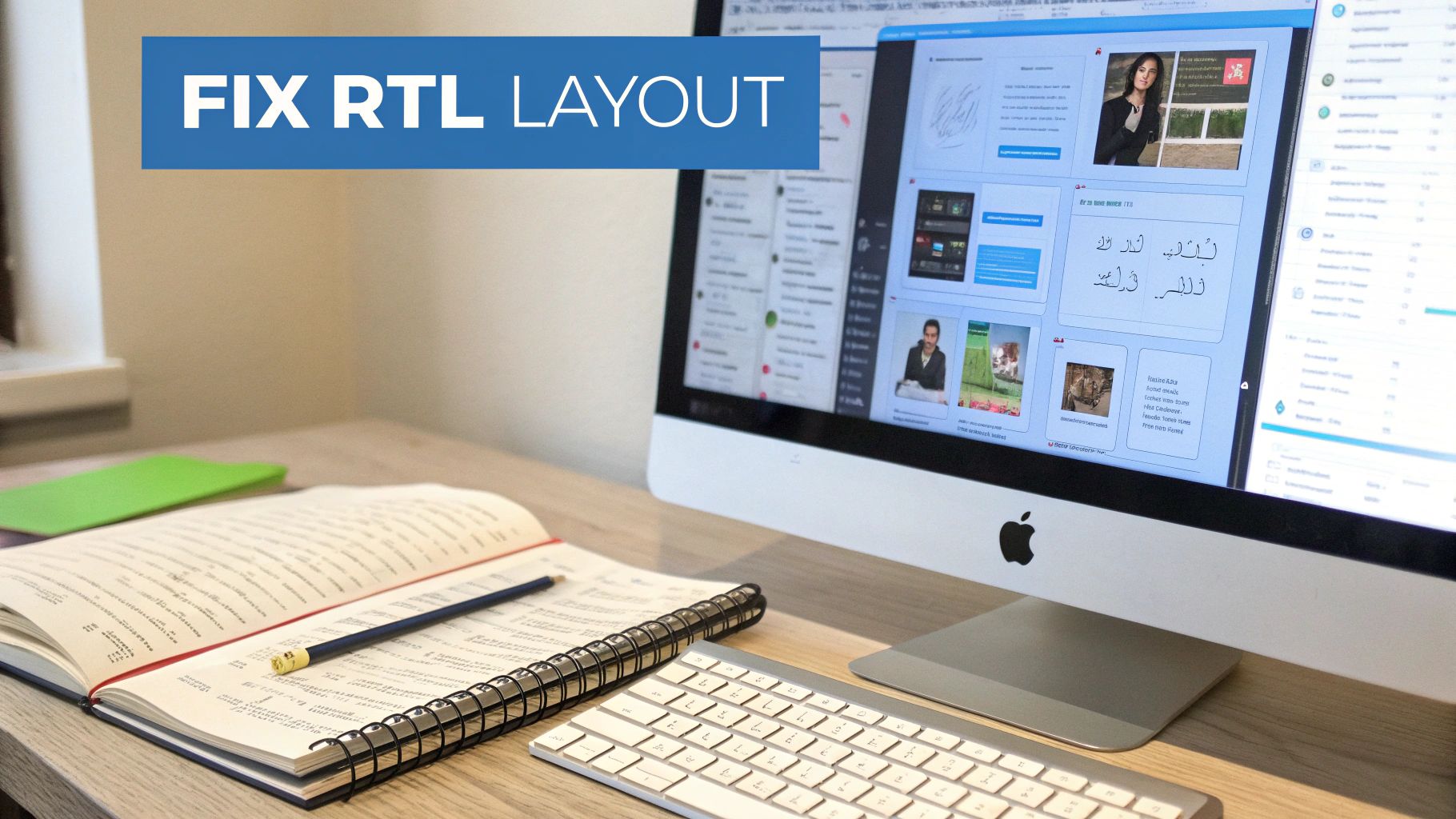 A desk setup featuring an iMac displaying various web layouts with a 'FIX RTL LAYOUT' banner.