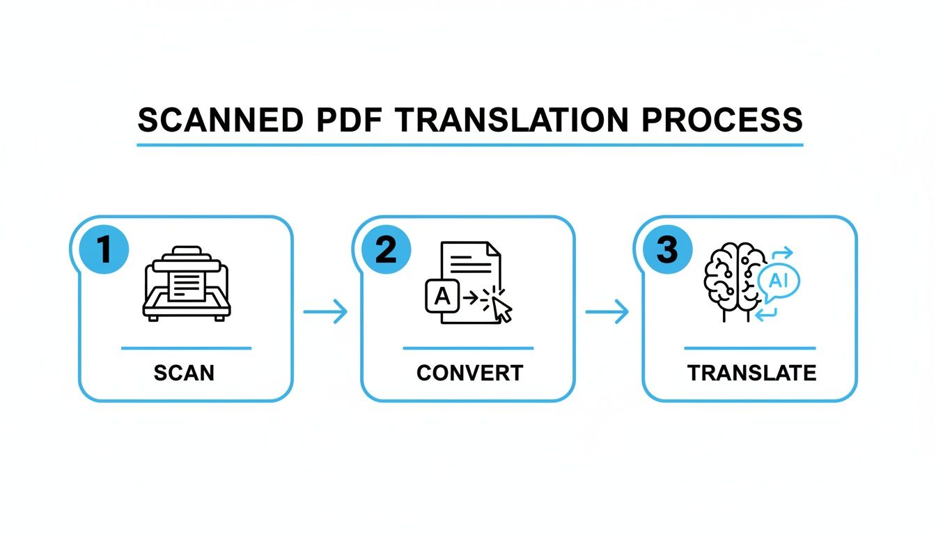 يوضح رسم توضيحي بثلاث خطوات عملية ترجمة ملف PDF الممسوح ضوئياً: المسح والتحويل والترجمة بالذكاء الاصطناعي.