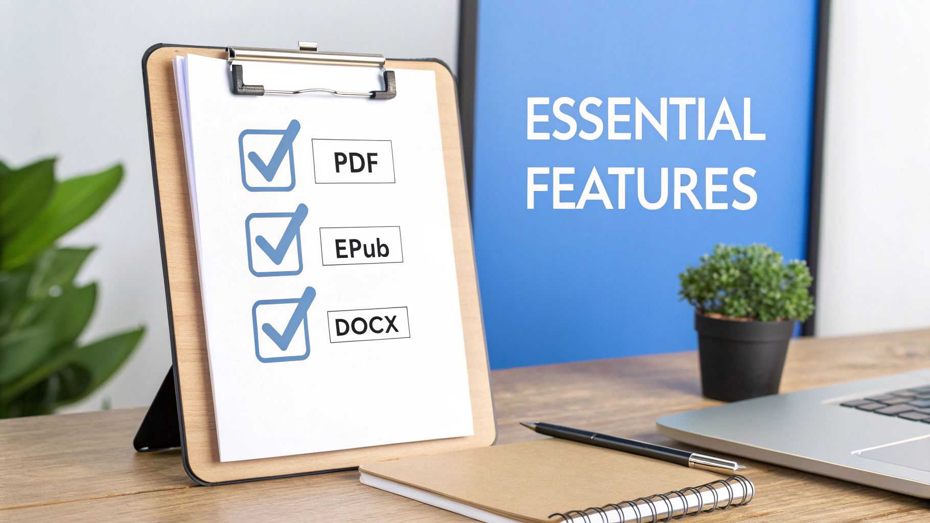 A clipboard shows a checklist with PDF, EPub, DOCX file formats checked, highlighting essential features for document translation.