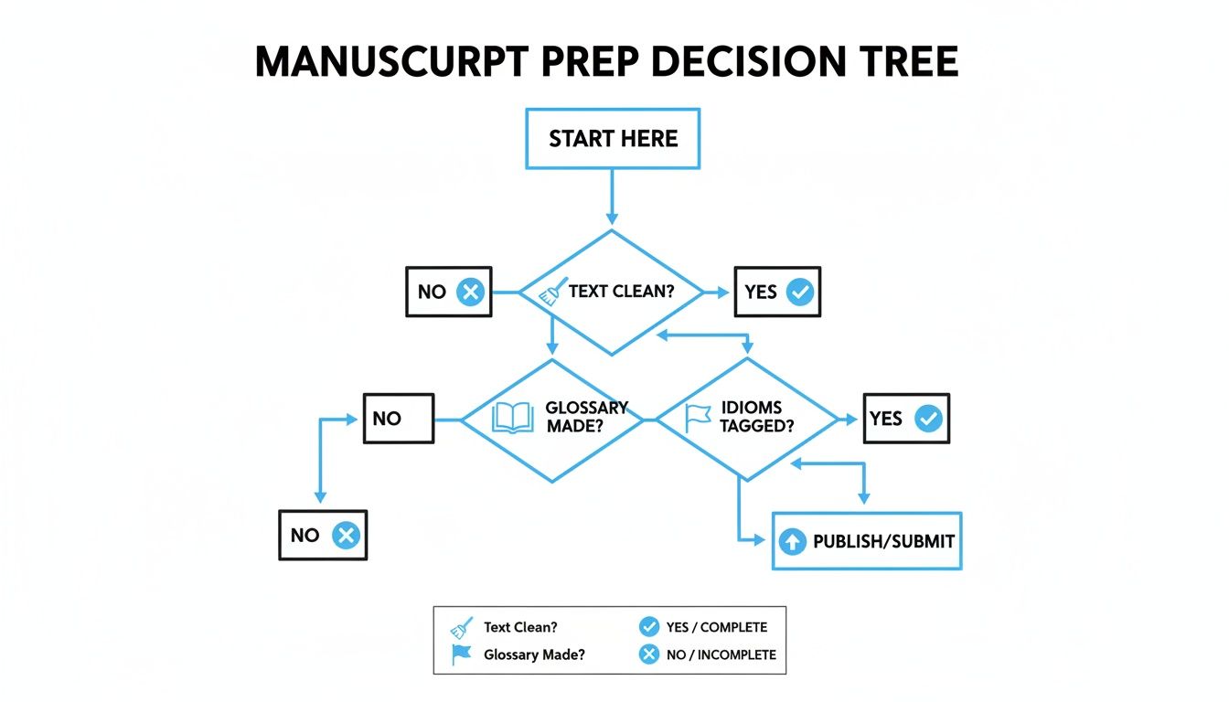Ein Entscheidungsbaum-Flussdiagramm zur Manuskriptvorbereitung mit Schritten zur Textreinigung, Glossarerstellung und Idiom-Markierung.