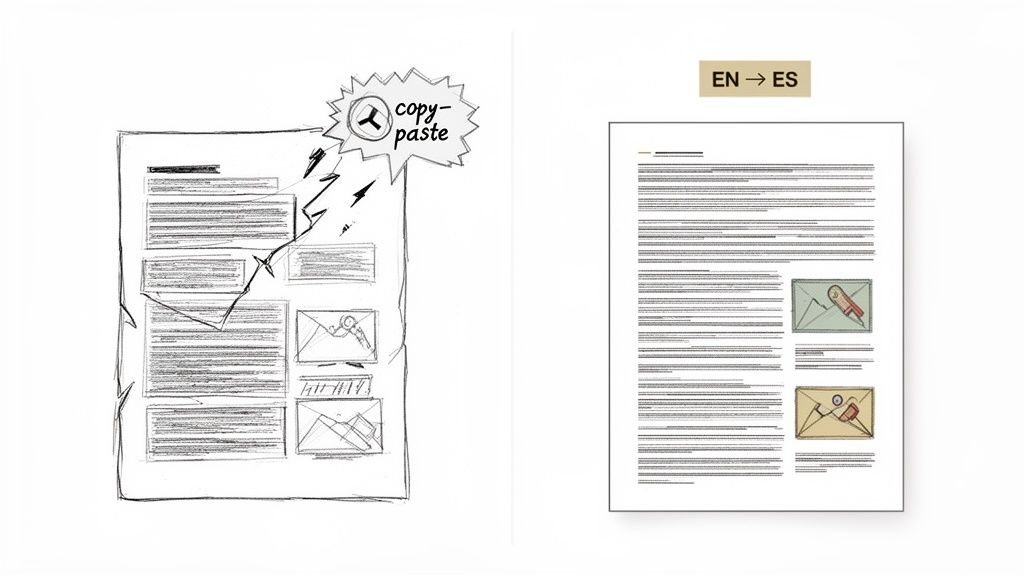 Visual representation of a document being transformed through copy-paste and translation from English to Spanish.