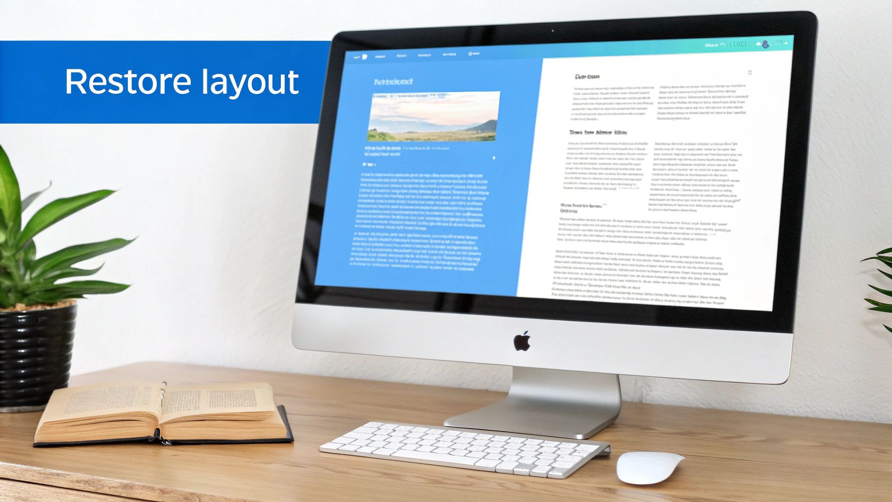 An office desk setup features an iMac displaying a blue layout, an open book, and a green plant.