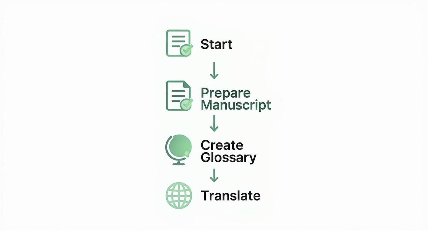 Ett fyra-stegs arbetsflödesdiagram som beskriver processen att börja, förbereda manuskript, skapa ordlista och översätta.