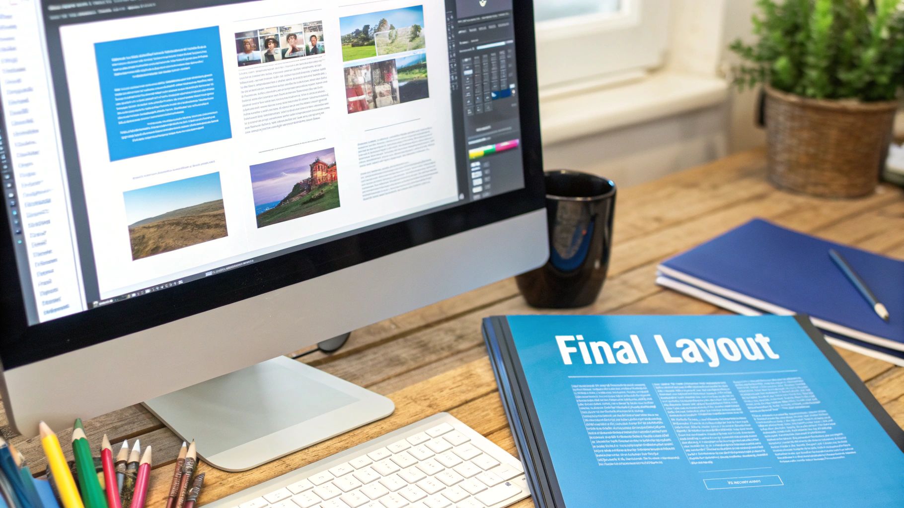 Настольный компьютер, отображающий макет графического дизайна с текстом и изображениями, рядом с напечатанным документом «Final Layout» и творческими инструментами.