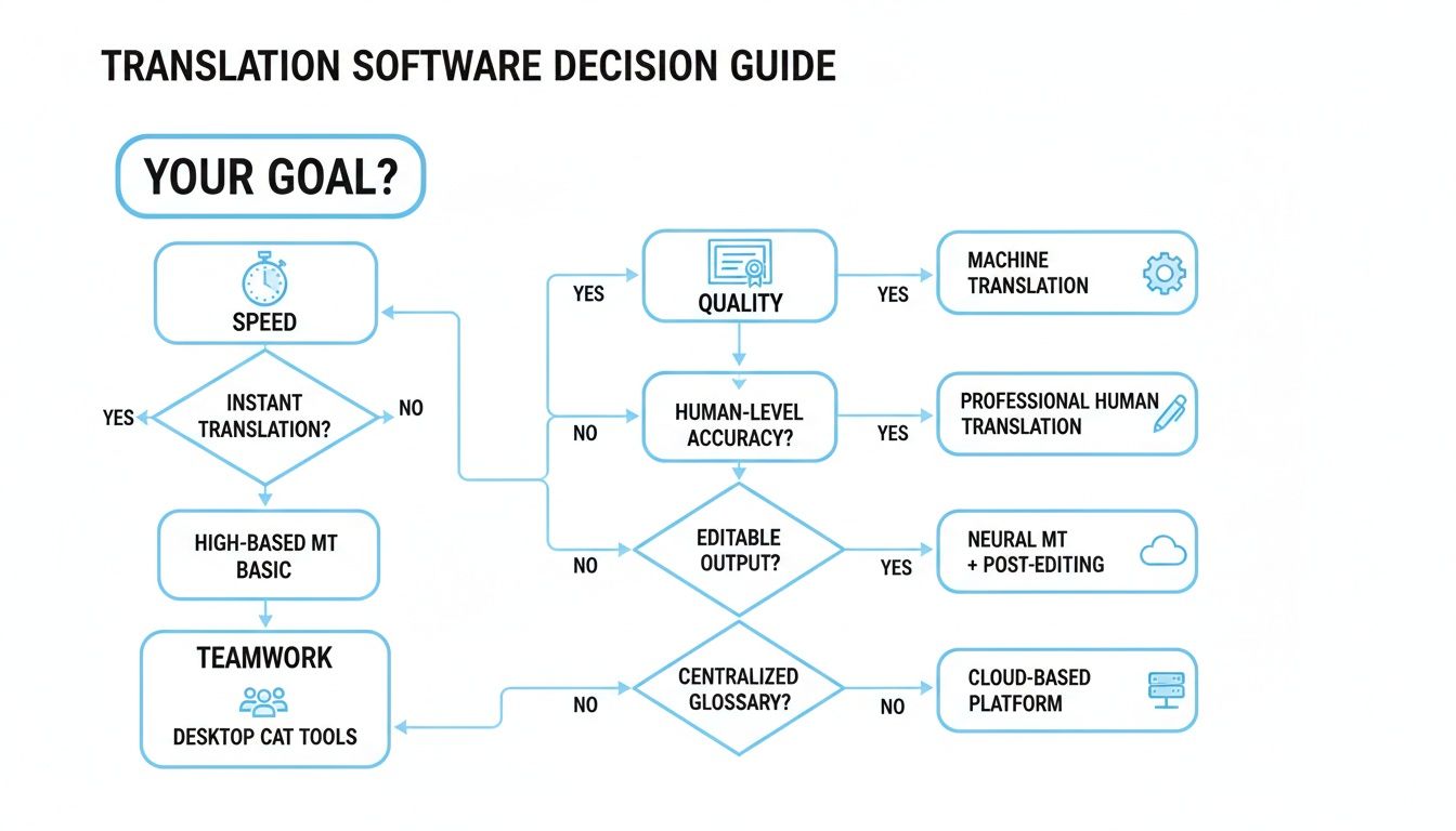 A flowchart guiding users through choosing translation software solutions based on goals like speed, quality, and collaboration.