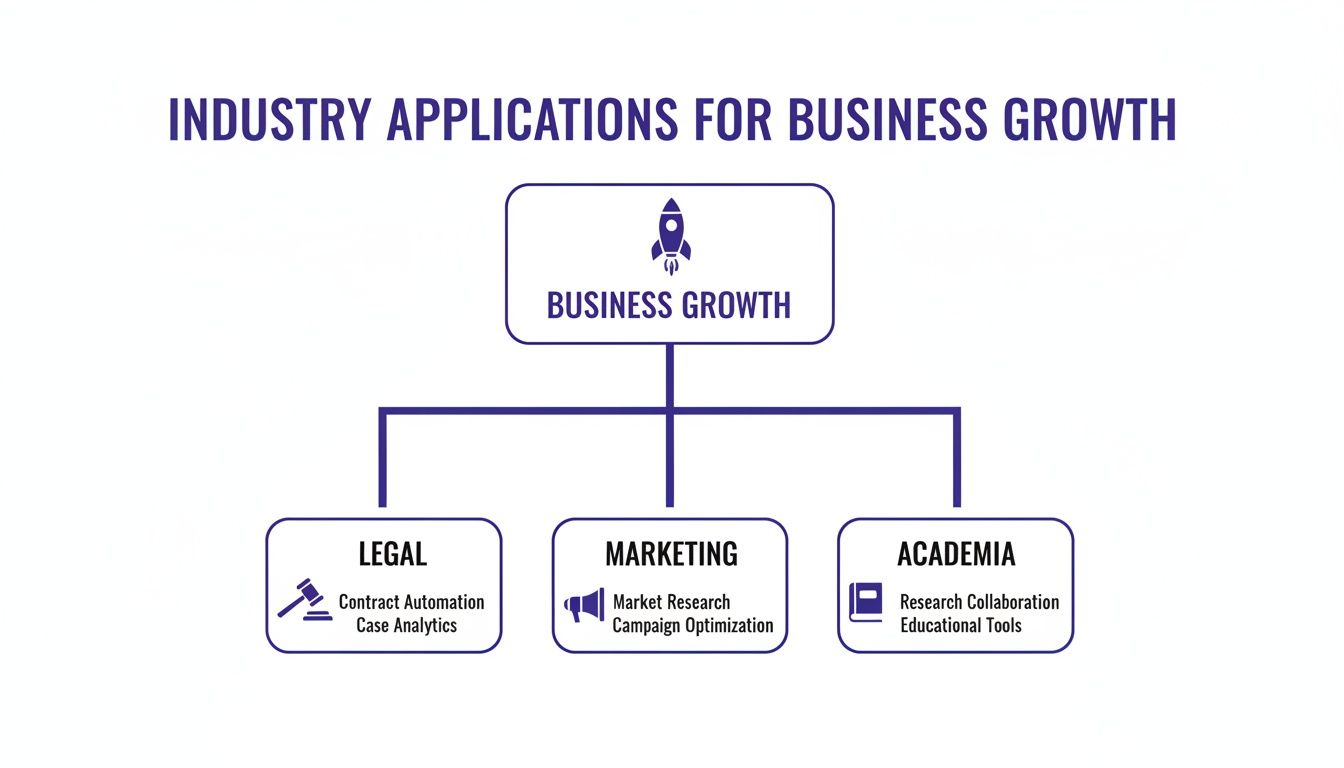 Un diagrama que ilustra las aplicaciones industriales para el crecimiento empresarial en los sectores legal, de marketing y académico.