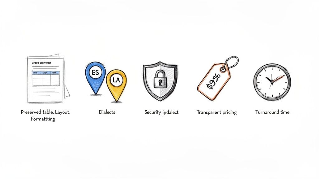 Icons illustrating translation service benefits: preserved formatting, Spanish dialects, security, transparent pricing, and fast turnaround.