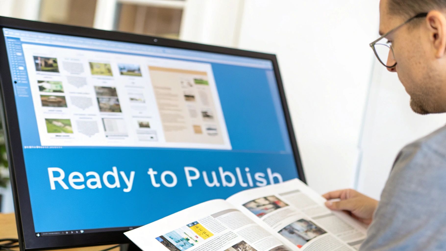 En man granskar en tryckt tidskrift bredvid en dator som visar "Ready to Publish"-text och en digital layout.