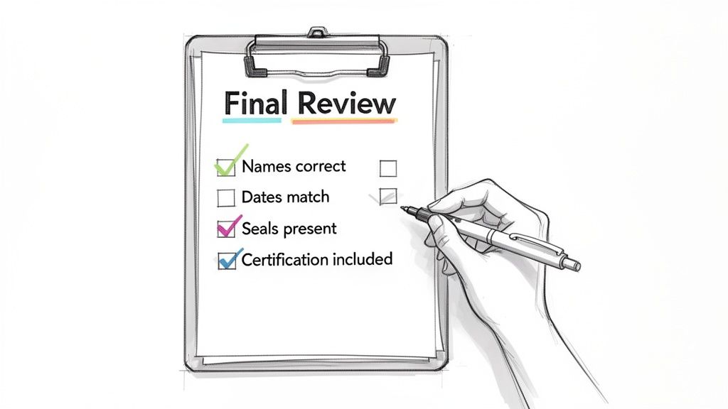A hand checks a 'Final Review' checklist on a clipboard, reviewing document details.