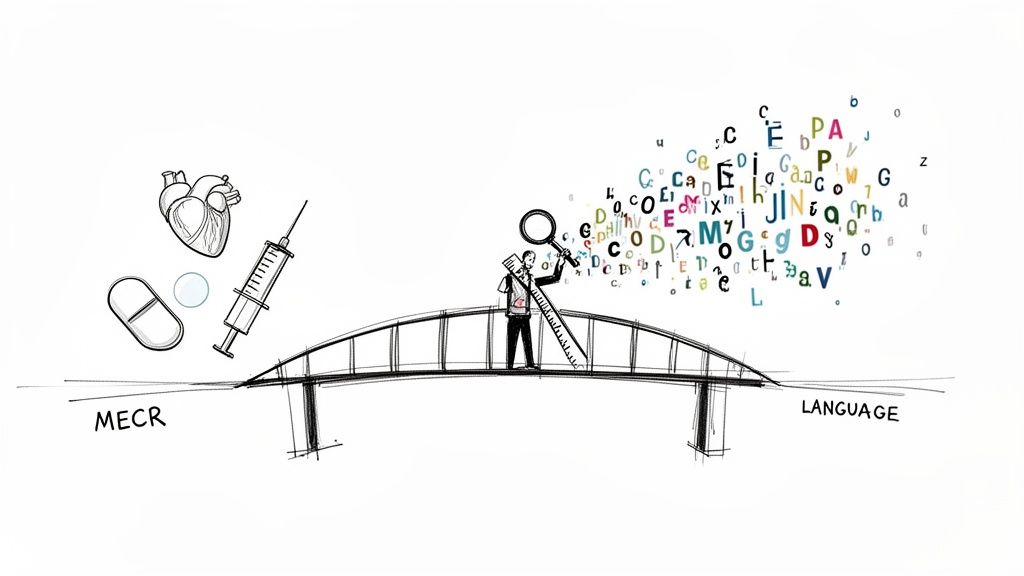 Illustratie: Een persoon op een brug koppelt medische symbolen aan een wolk van taaltekens, wat medische vertaling voorstelt.