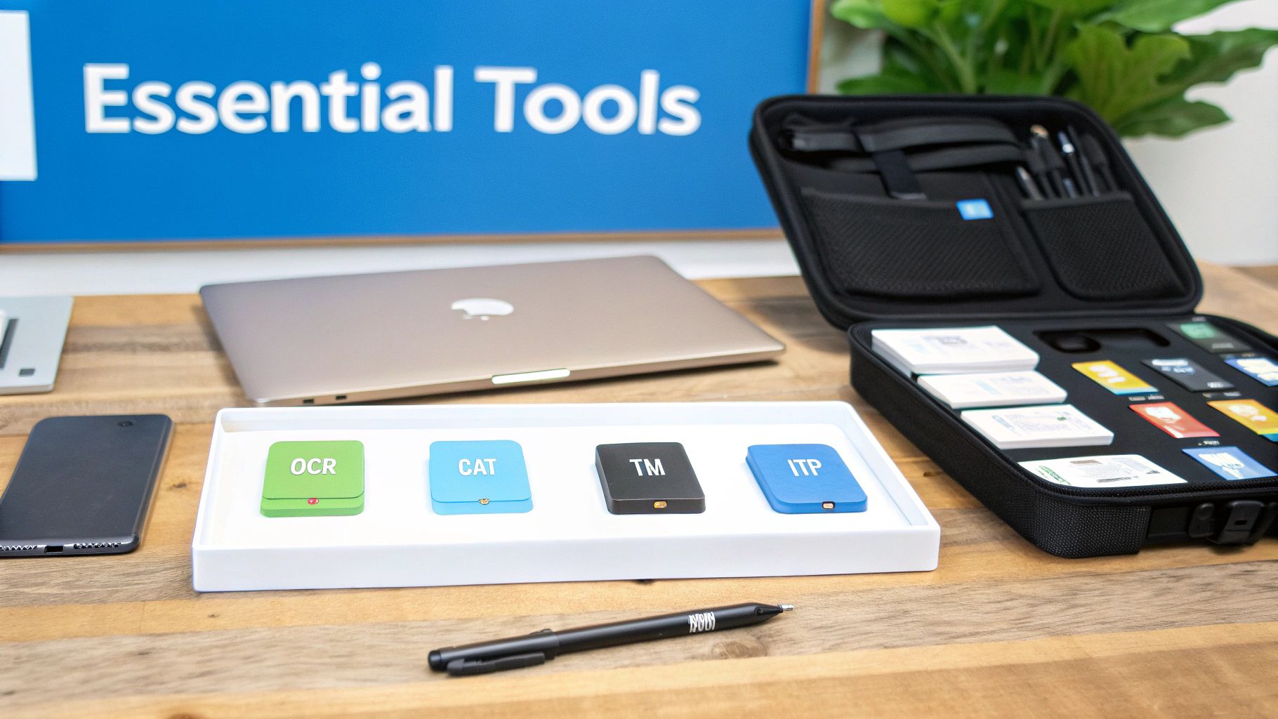 Ett skrivbord med en bärbar dator, smartphone och specialiserade översättningsverktyg märkta OCR, CAT, TM och ITP.