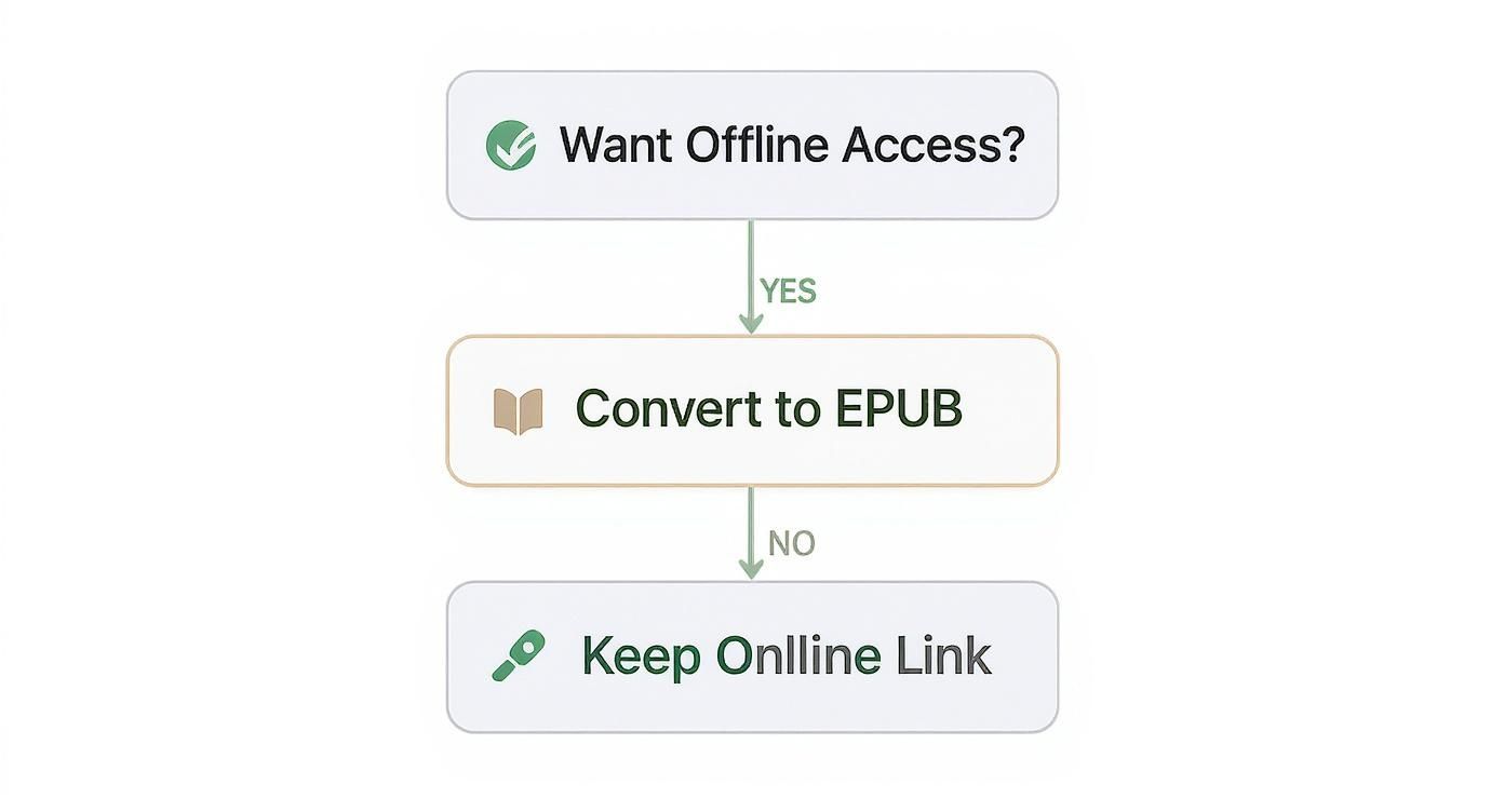 콘텐츠 접근을 위한 순서도: 오프라인을 위해 EPUB으로 변환하거나 온라인 링크 유지.