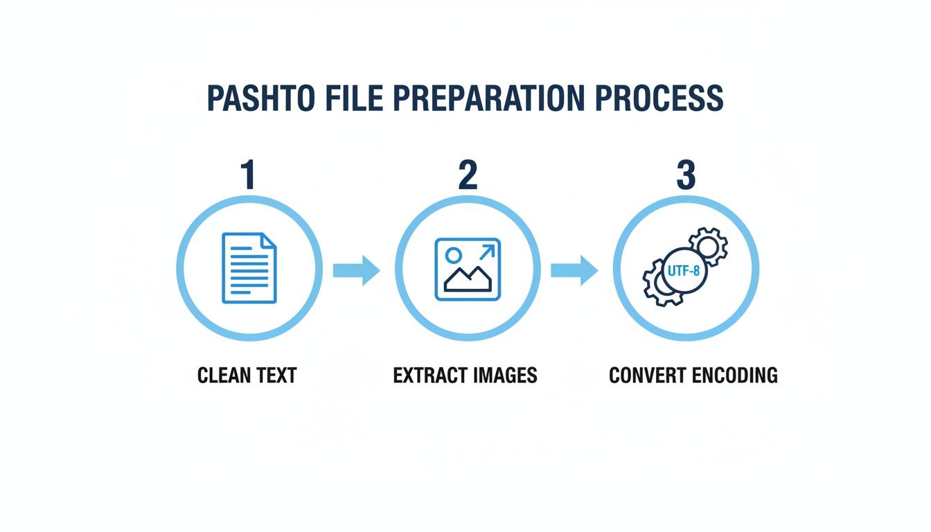 Infografik, die den Paschtu-Dateivorberei­tungsprozess mit Schritten zum Bereinigen von Text, Extrahieren von Bildern und Konvertieren der Kodierung zeigt.