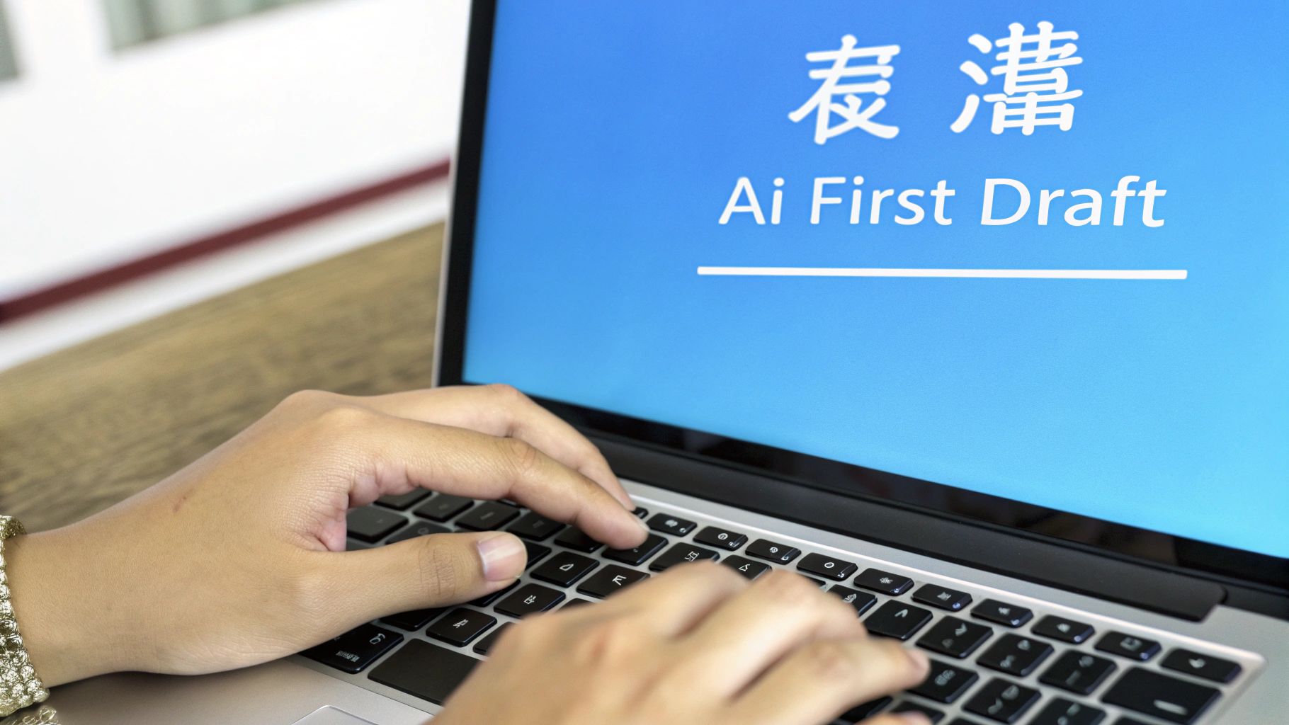 手在笔记本电脑上打字,屏幕上显示