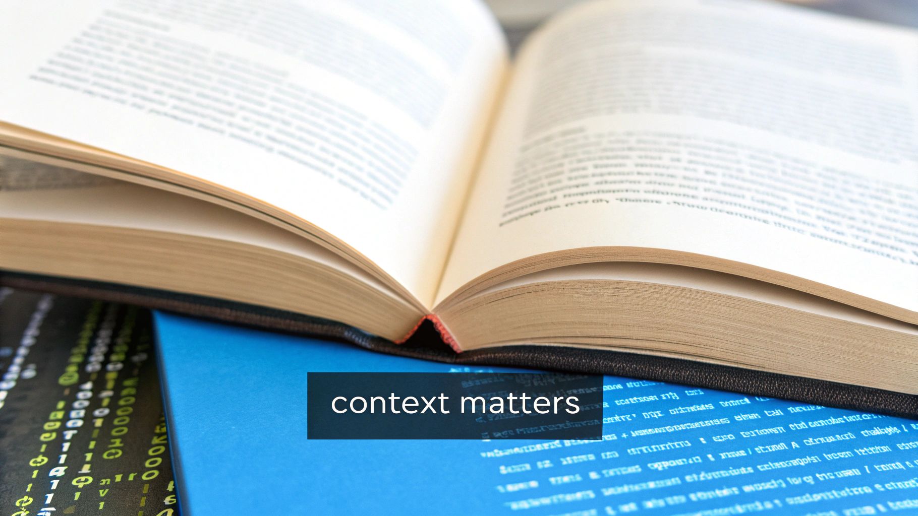 كتاب مفتوح مع صفحات نصية غير واضحة يستريح على كتاب أزرق، يعرض تراكباً 'السياق مهم'.