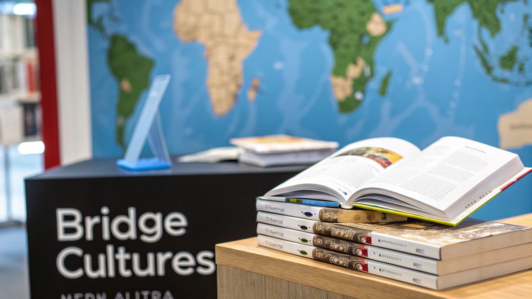 एक खुली किताब किताबों के ढेर पर रखी है, जिसमें एक विश्व मानचित्र और पृष्ठभूमि में 'Bridge Cultures' संकेत है।